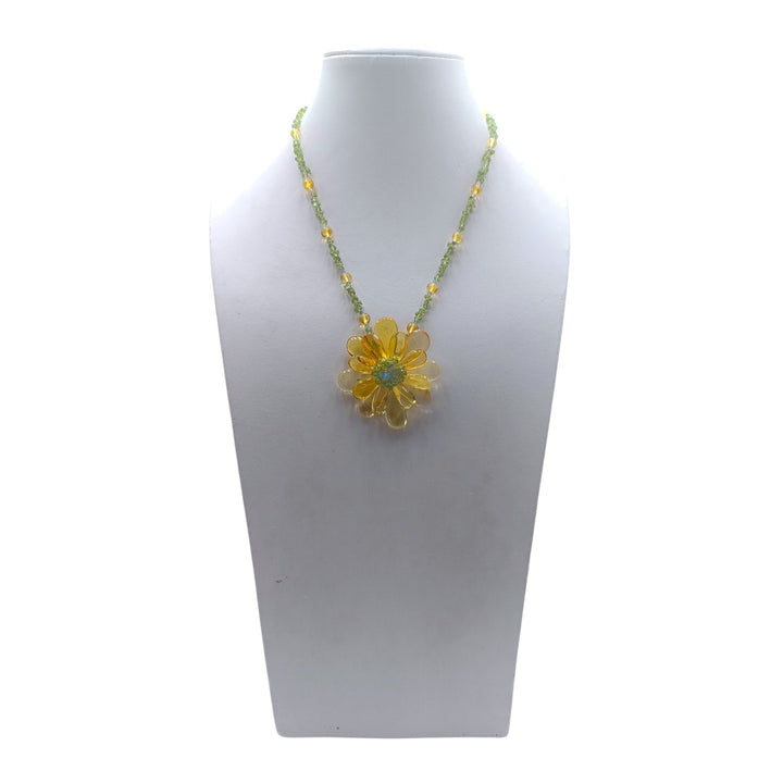 Collana Fiore di Ambra, Acquamarina e Peridoto montata in Cotone