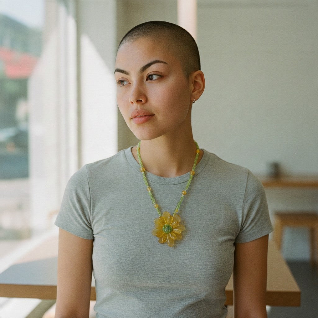 Collana Fiore di Ambra, Acquamarina e Peridoto montata in Cotone