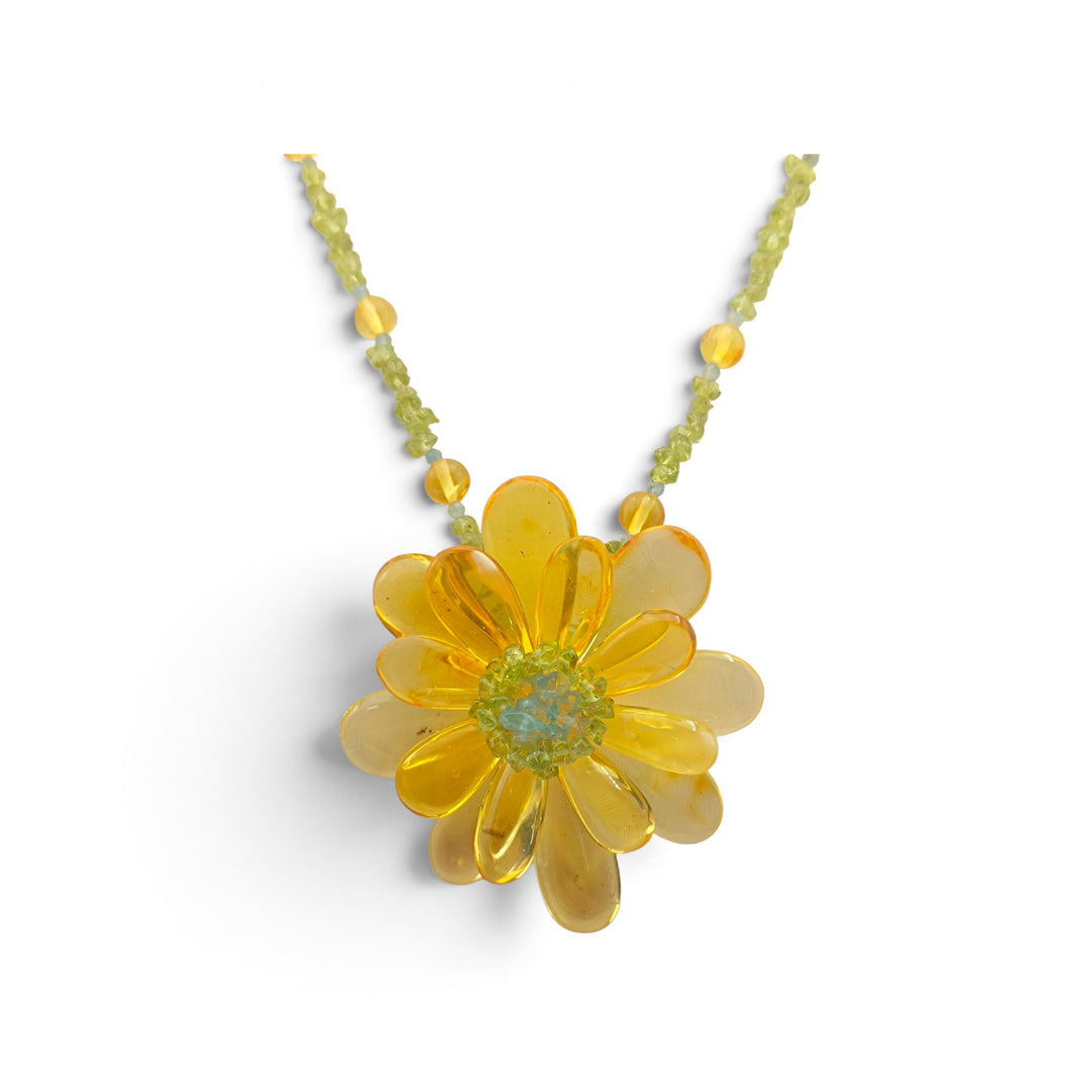 Collana Fiore di Ambra, Acquamarina e Peridoto montata in Cotone