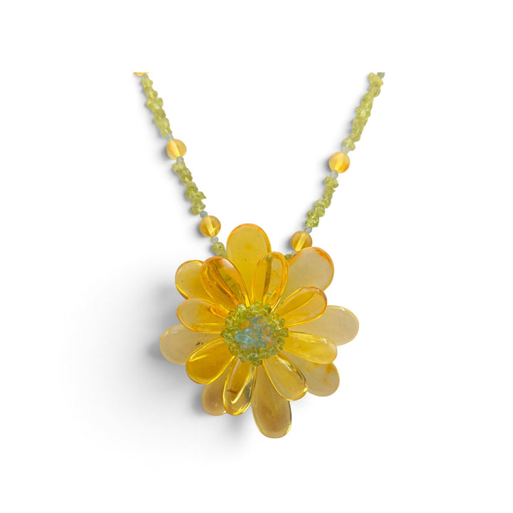 Collana Fiore di Ambra, Acquamarina e Peridoto montata in Cotone