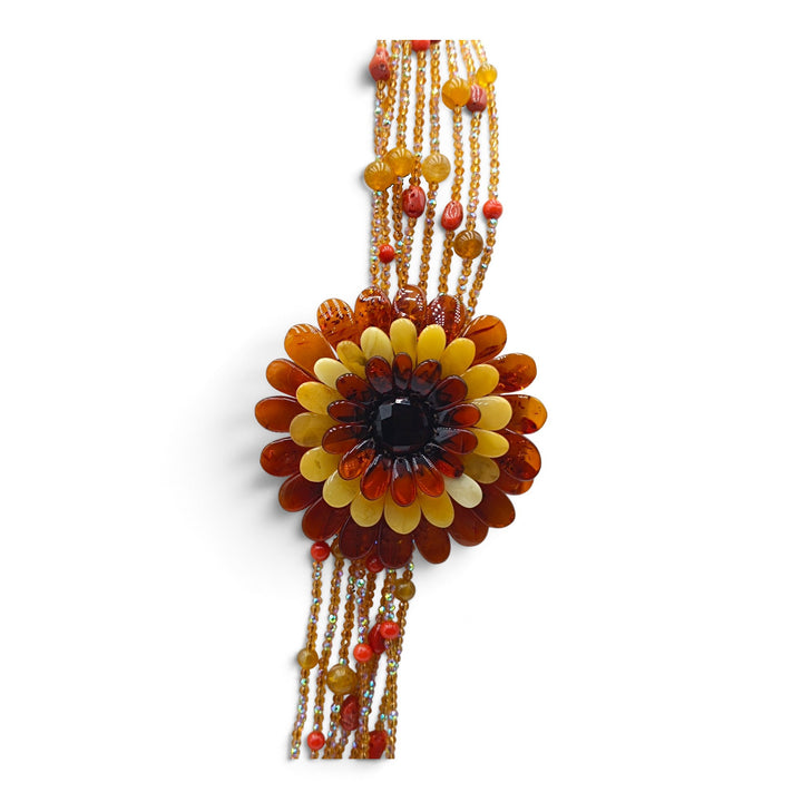Collana Fiore di Ambra, Corallo e Cristalli montata in Cotone