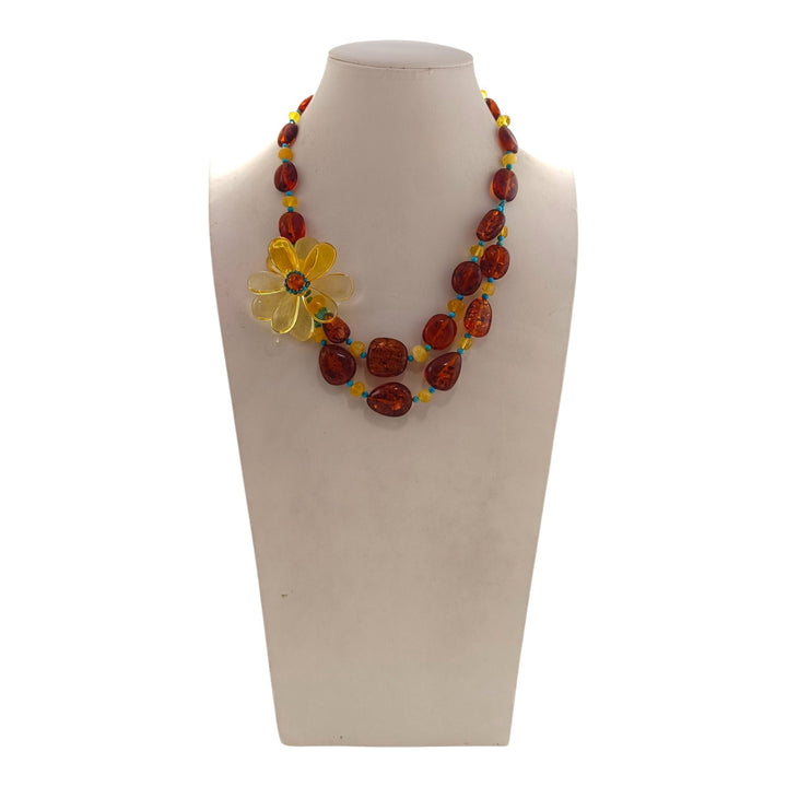 Collana Fiore di Ambra e Turchese montata in Cotone
