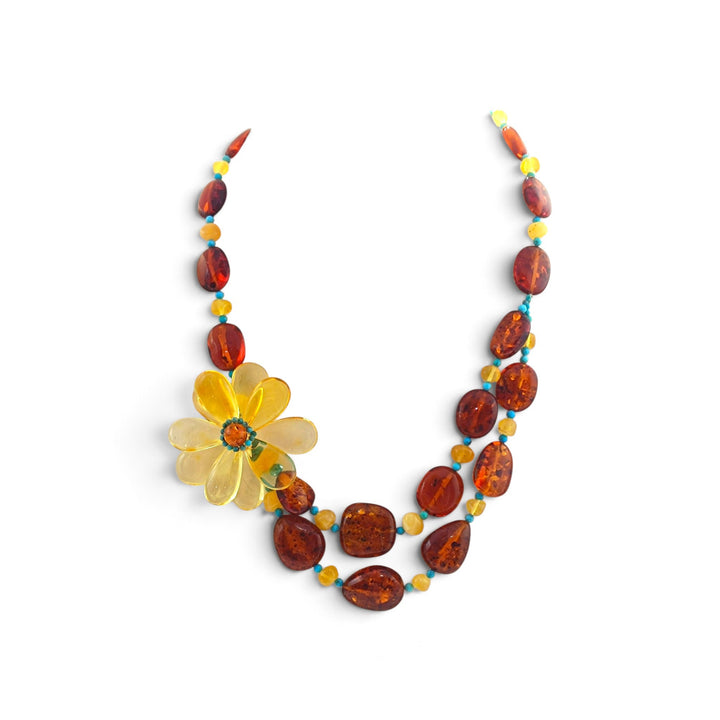 Collana Fiore di Ambra e Turchese montata in Cotone