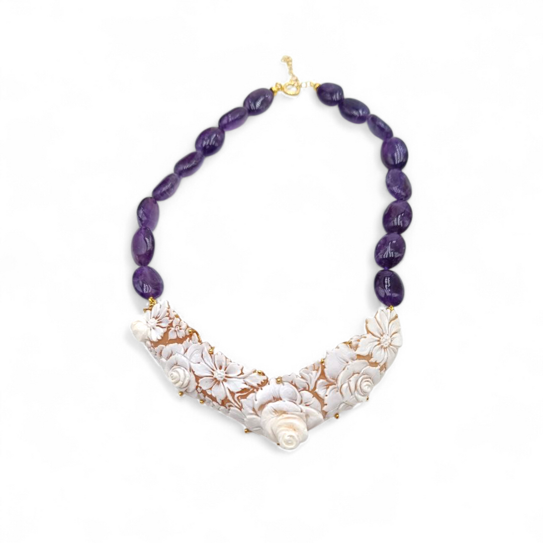 Collana Fiori di Cammeo e Ametista montata in Argento Dorato