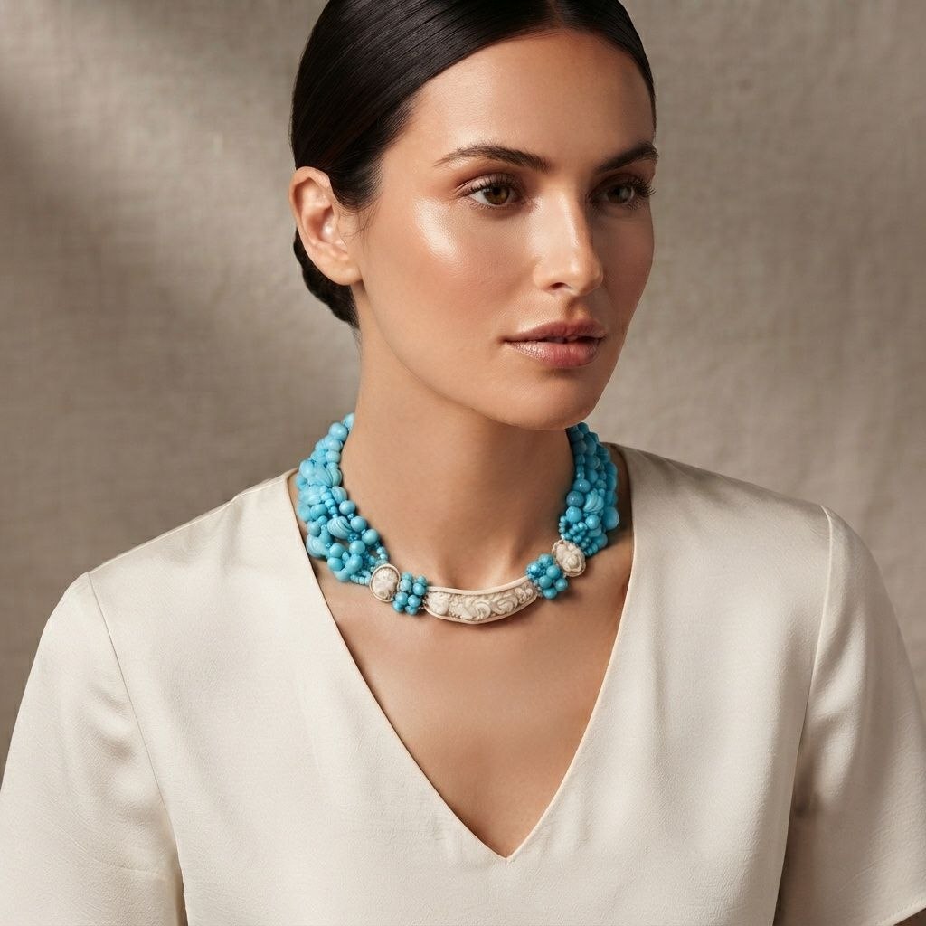 Collana Fiori di Cammeo e Pasta di Turchese montata in Cotone