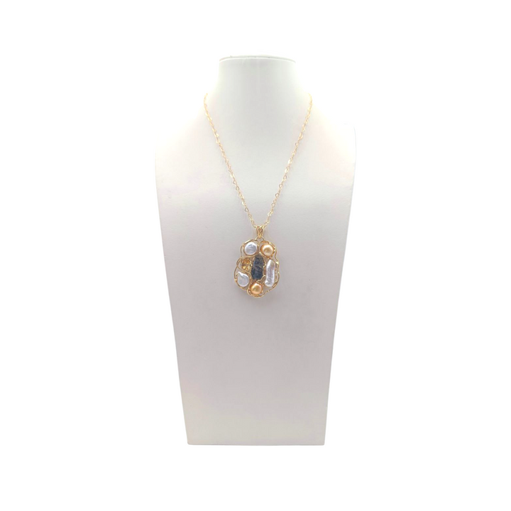 Collana con Ciondolo in Perle Barocche, Corallo, Labradorite e Citrino