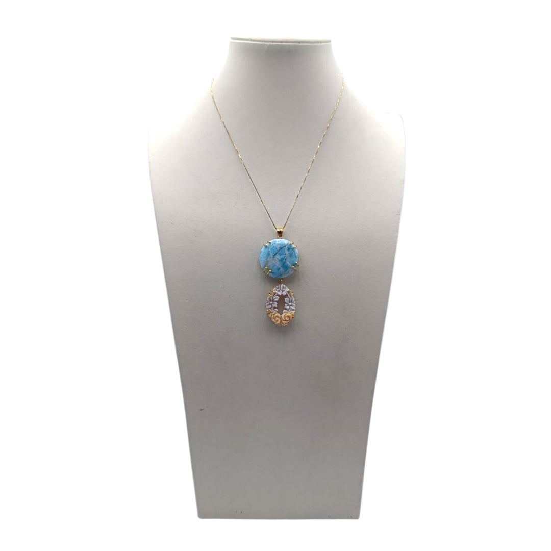 Ciondolo Fiori di Cammeo e Larimar montato in Argento Dorato