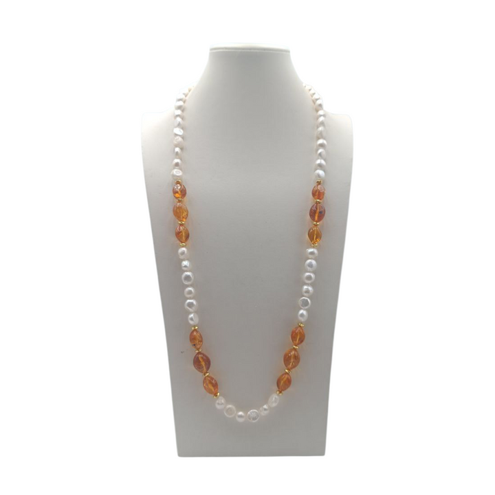 Collana in Perle di Maiorca e Ambra Sintetica impreziosita da Acciaio Dorato