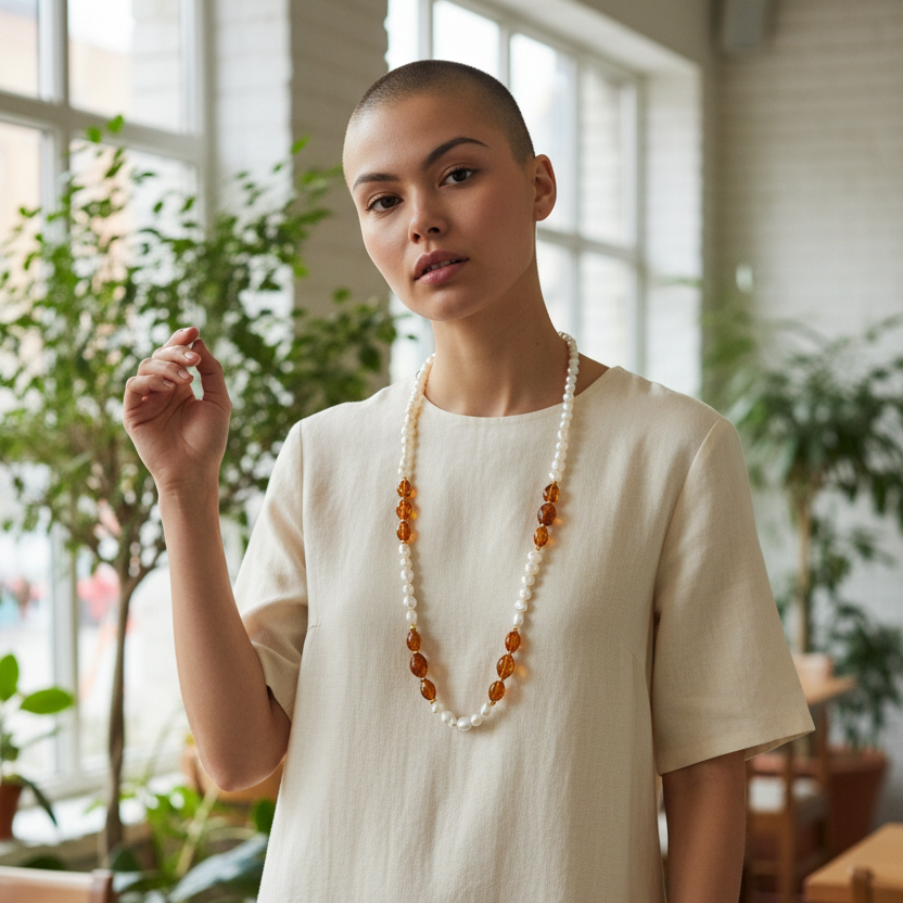 Collana in Perle di Maiorca e Ambra Sintetica impreziosita da Acciaio Dorato