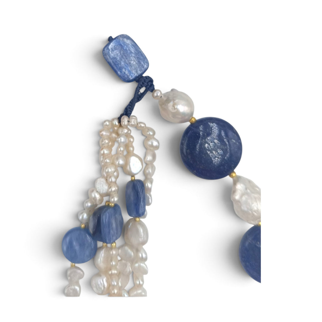 Collana Multi-filo di Perle, Lapis e Cianite montata in Cotone
