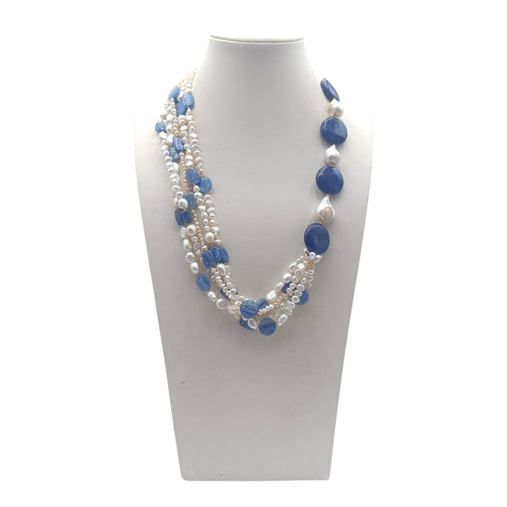 Collana Multi-filo di Perle, Lapis e Cianite montata in Cotone