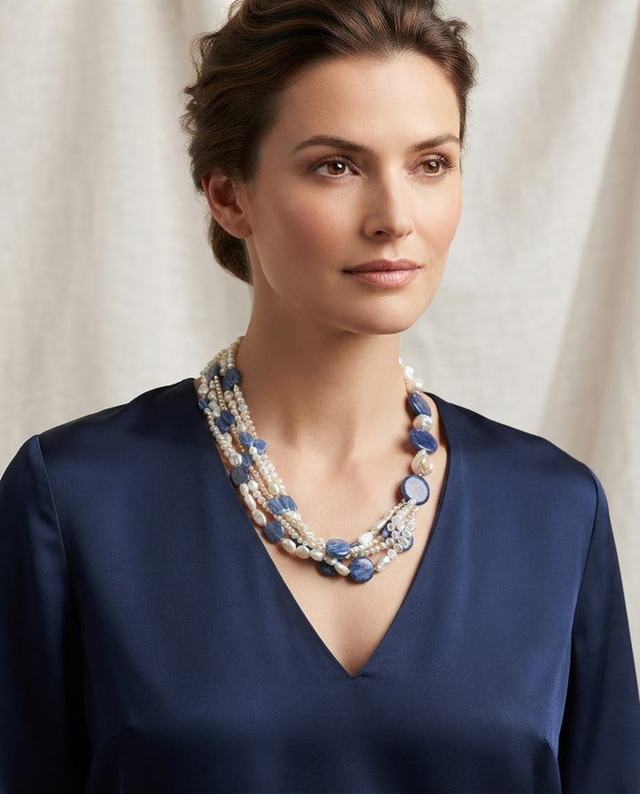 Collana Multi-filo di Perle, Lapis e Cianite montata in Cotone