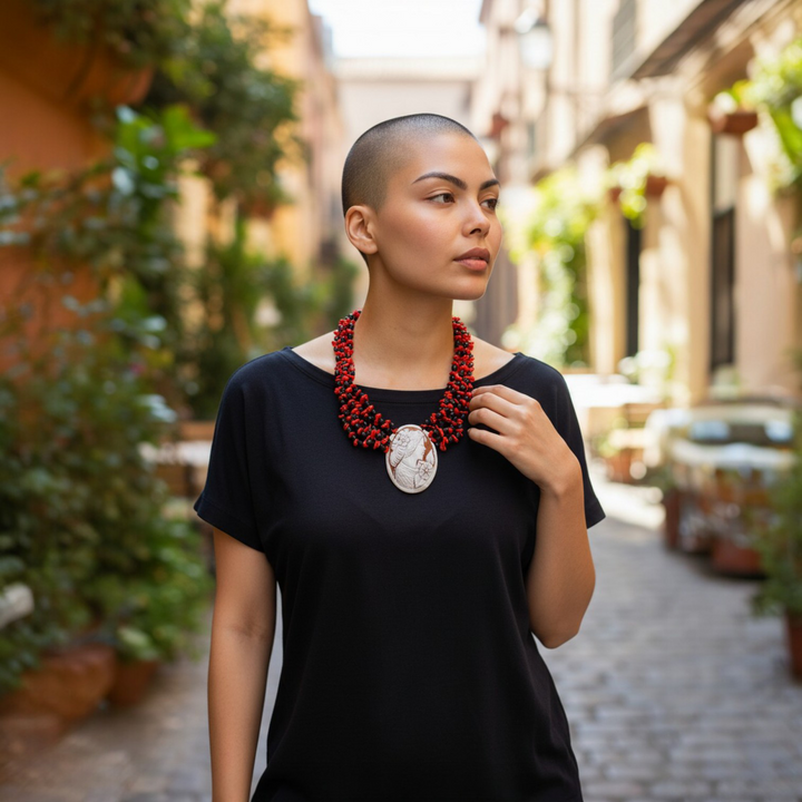 Collana Dama dei Fiori di Cammeo, Corallo e Agata montata in Cotone
