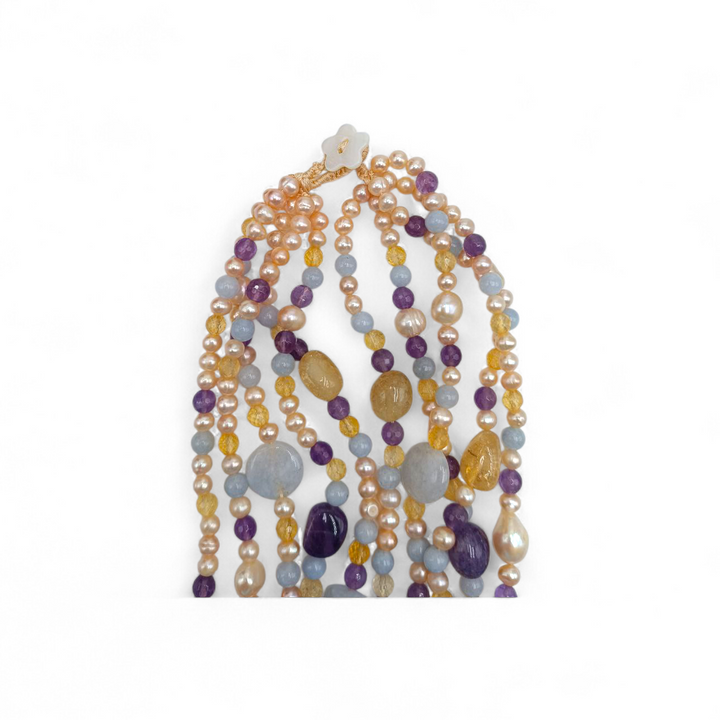 Collana con Cammeo, Perle, Ametista, Citrino e Agata montata in Cotone