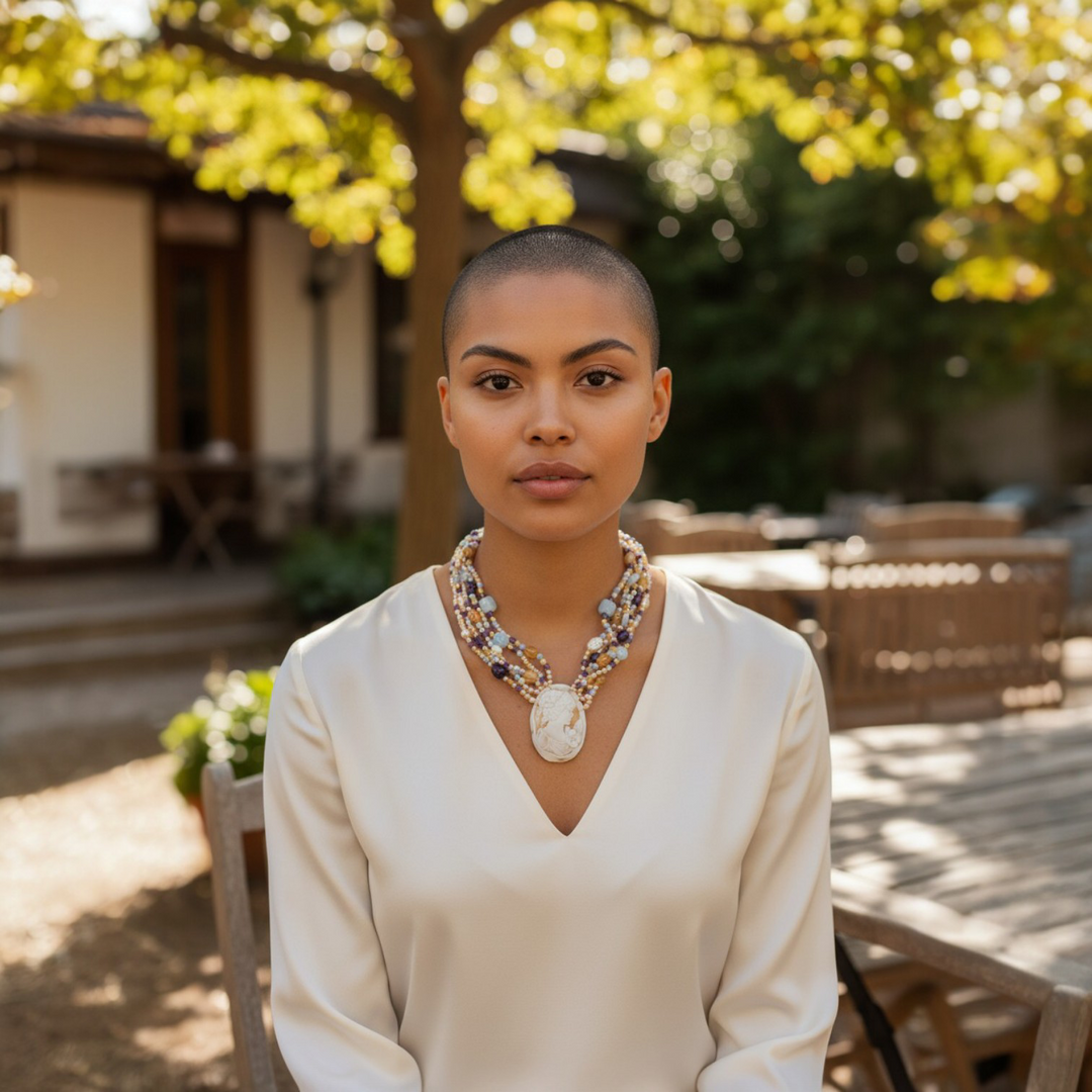 Collana con Cammeo, Perle, Ametista, Citrino e Agata montata in Cotone