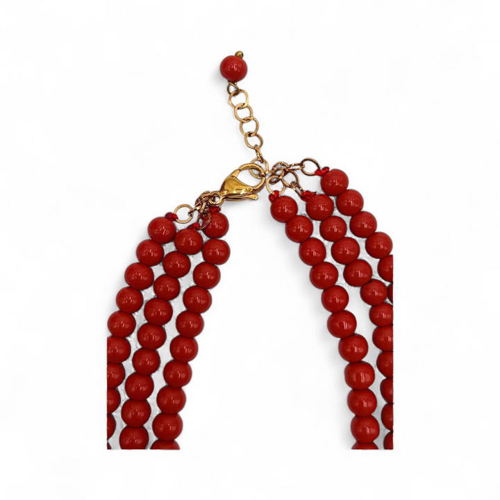 Collana multifilo con Perle di Maiorca e Pasta di Corallo montata in Acciaio Dorato