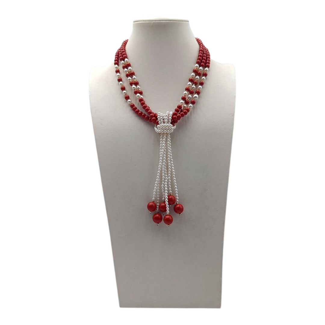 Collana multifilo con Perle di Maiorca e Pasta di Corallo montata in Acciaio Dorato
