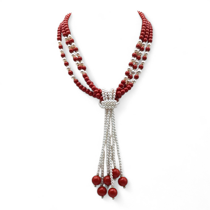 Collana multifilo con Perle di Maiorca e Pasta di Corallo montata in Acciaio Dorato