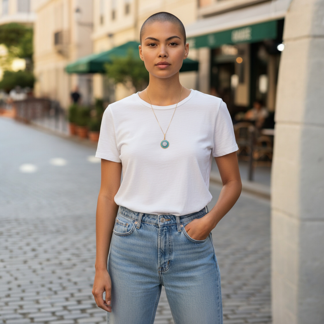 Collana Fiore di Cammeo e Pasta di Turchese montata in Argento Dorato