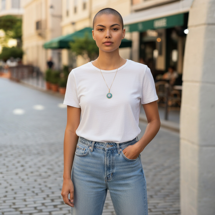Collana Fiore di Cammeo e Pasta di Turchese montata in Argento Dorato
