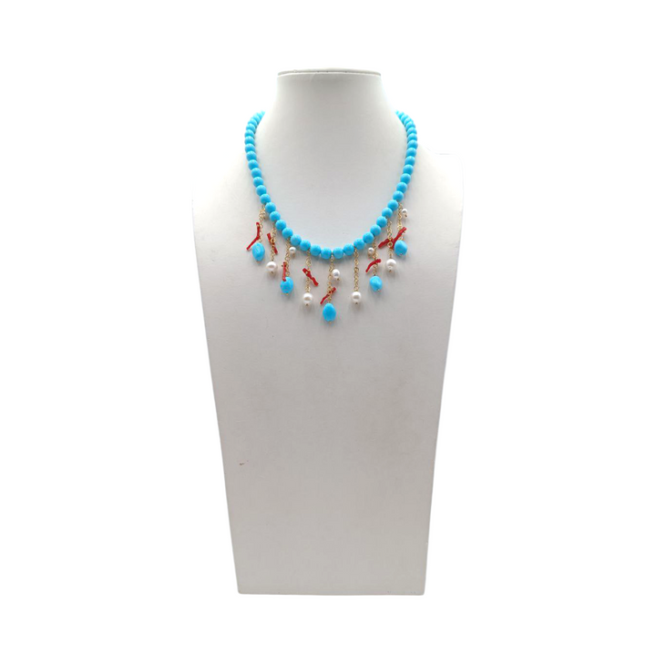 Collana di Pasta di Turchese, di Corallo e Perle di fiume montata in Argento Dorato