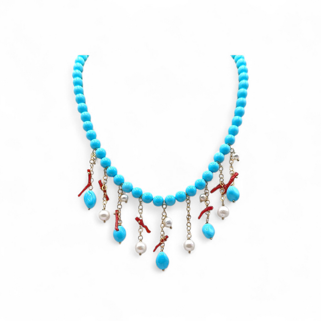 Collana di Pasta di Turchese, di Corallo e Perle di fiume montata in Argento Dorato