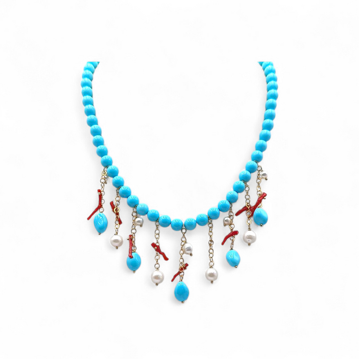 Collana di Pasta di Turchese, di Corallo e Perle di fiume montata in Argento Dorato