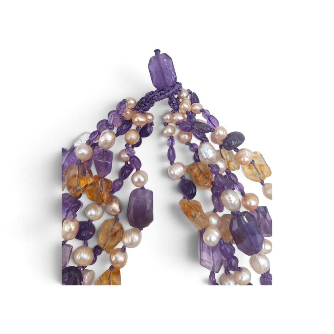 Collana multi-filo di Perle, Citrino e Ametista montata in Cotone