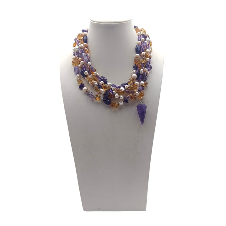 Collana multi-filo di Perle, Citrino e Ametista montata in Cotone