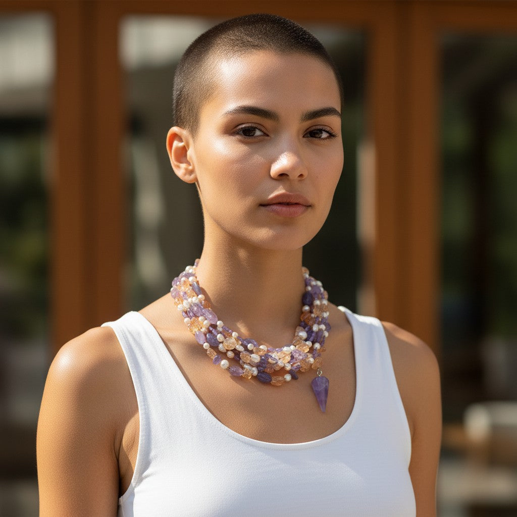 Collana multi-filo di Perle, Citrino e Ametista montata in Cotone