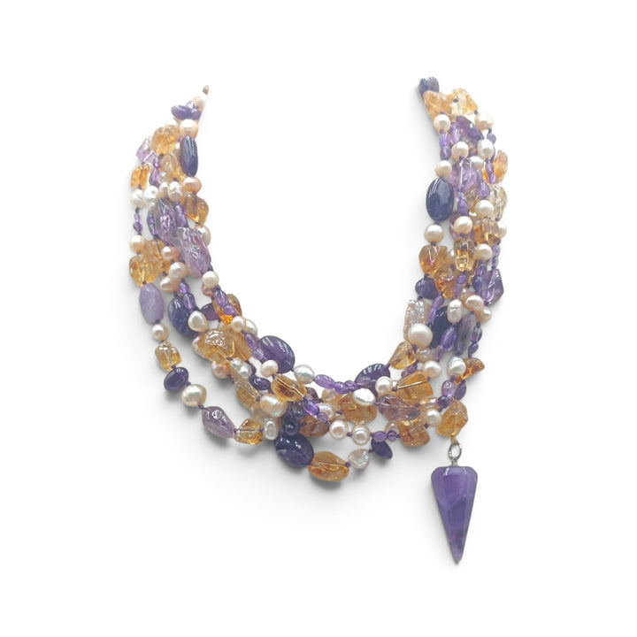 Collana multi-filo di Perle, Citrino e Ametista montata in Cotone
