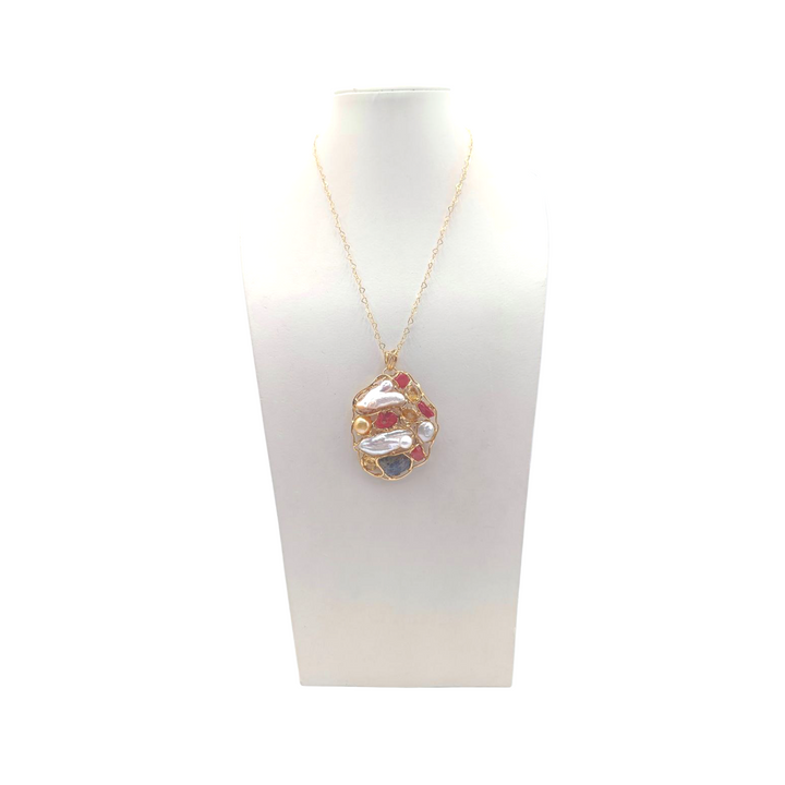 Collana con Ciondolo in Perle Barocche, Corallo, Labradorite e Citrino