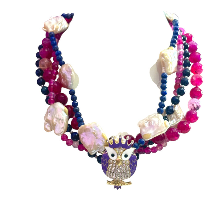 Multi-strand “CHARMS” necklace in agate and pearls complete with owl