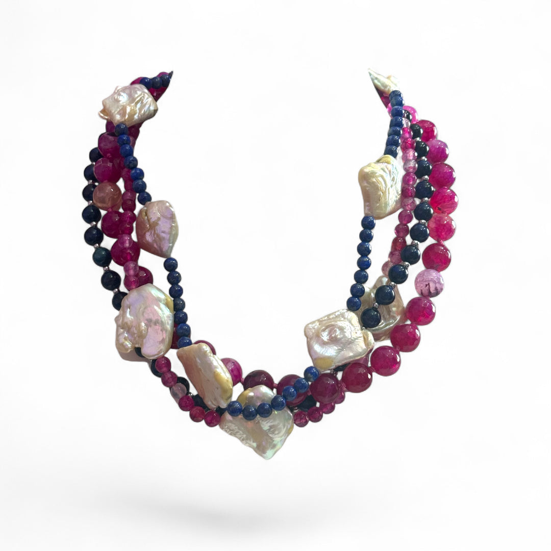 Multi-strand “CHARMS” necklace in agate and pearls complete with owl