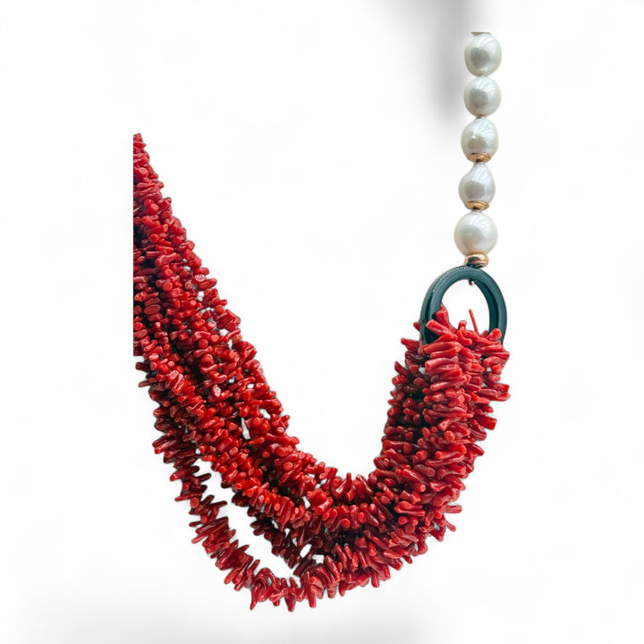 Collana Multifili corallo rosso e perle barocche montato in argento ramato