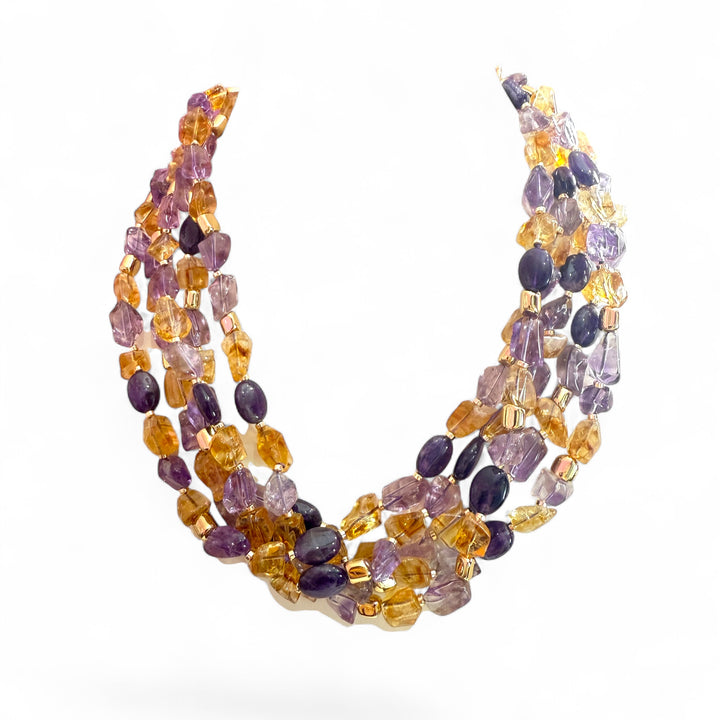 Collana Multifili di ametista e citrino montato in argento dorato