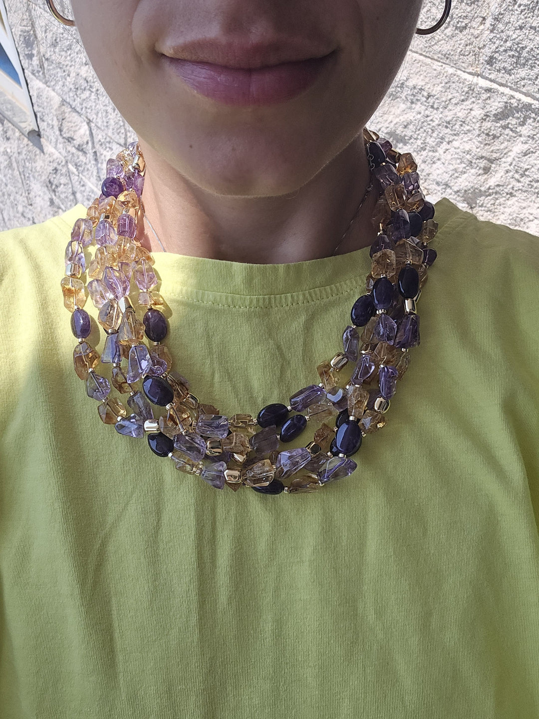 Collana Multifili di ametista e citrino montato in argento dorato