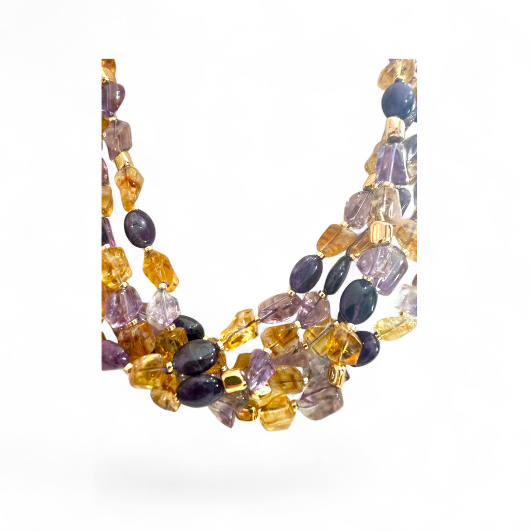 Collana Multifili di ametista e citrino montato in argento dorato