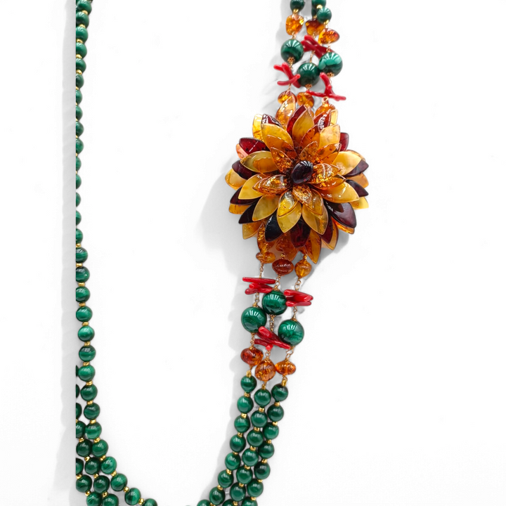 Amber, coral and malachite flower necklace mounted on silver