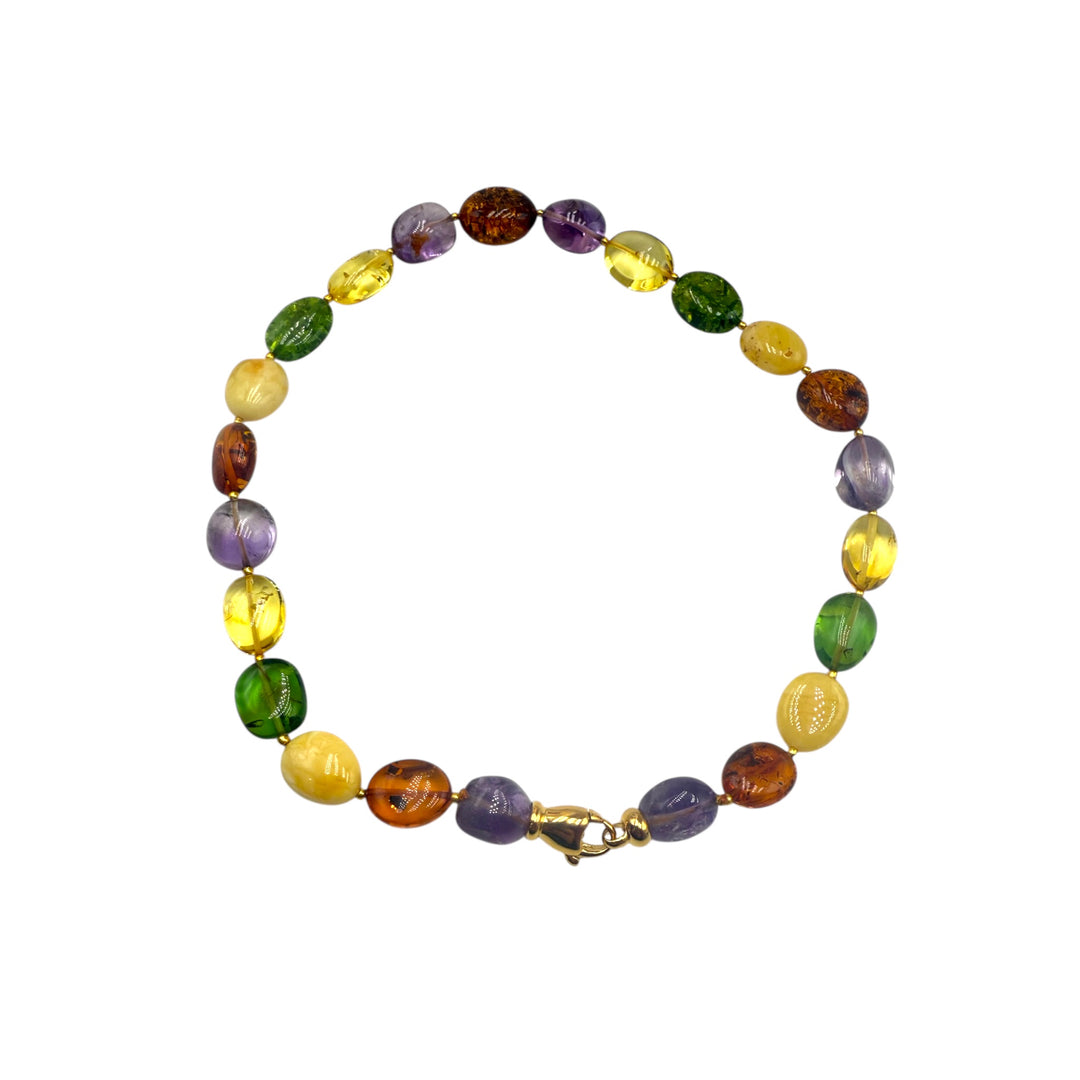 Collana ambra multicolore ed ametista montata in argento