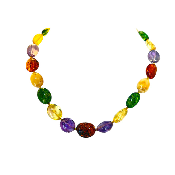 Collana ambra multicolore ed ametista montata in argento