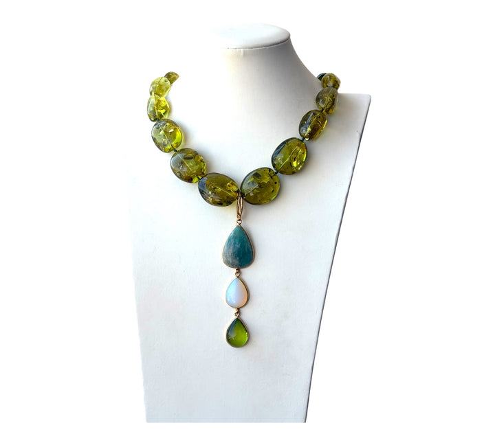 Green amber necklace with green amber, opal, and aquamarine pendant