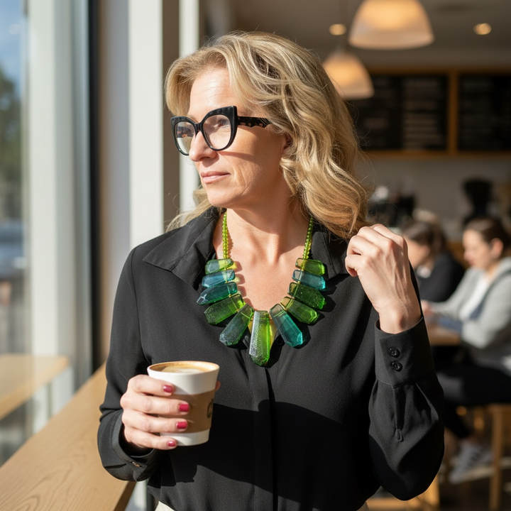 Collana Spighe di Ambra Verde montata in Argento Dorato