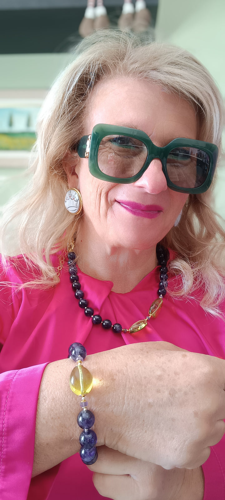 Collana ametista e ambra verde montata in argento dorato