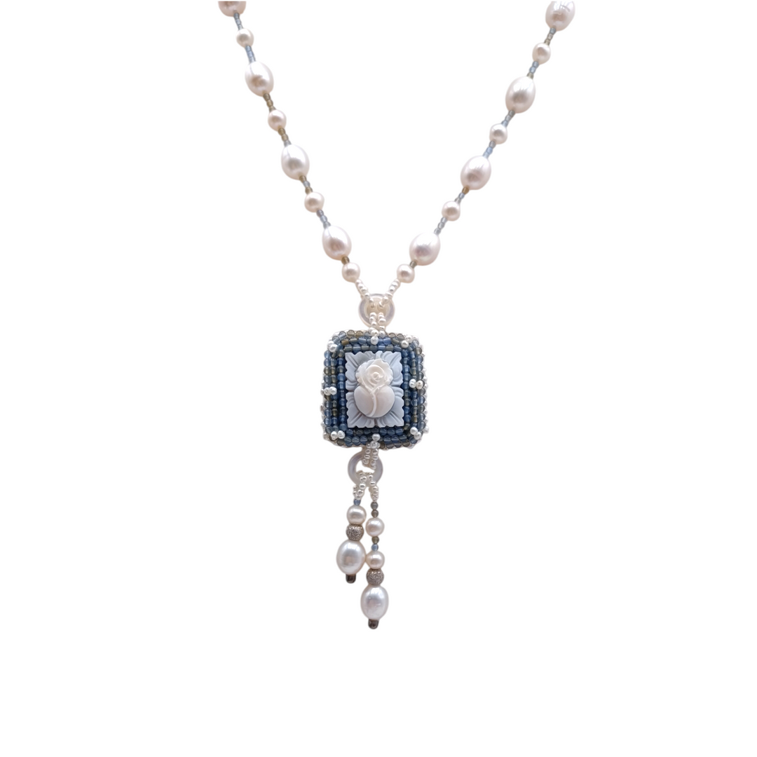 END OF COLLECTION - PINK FABRIC NECKLACE MOUNTED ON PEARLS AND SILVER
