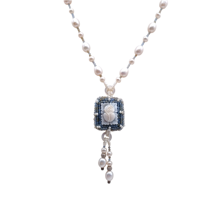 END OF COLLECTION - PINK FABRIC NECKLACE MOUNTED ON PEARLS AND SILVER