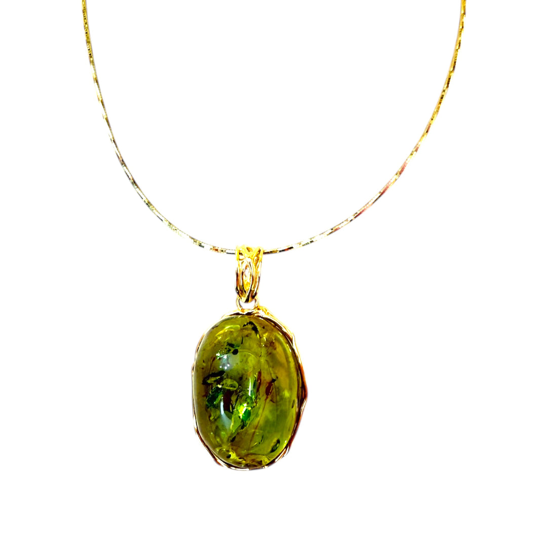 Necklace with Oval Green Amber Pendant set in Gold-Plated Silver