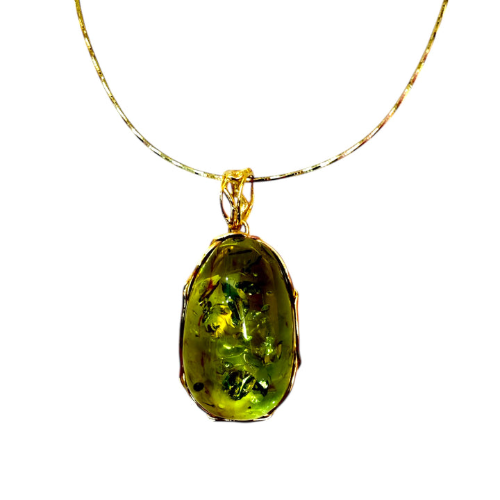 Necklace with Oval Green Amber Pendant set in Gold-Plated Silver