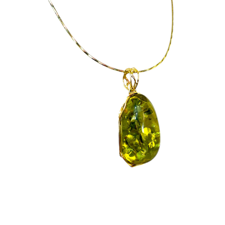 Necklace with Oval Green Amber Pendant set in Gold-Plated Silver