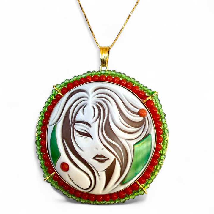 “Nyra” pendant necklace made of sardonic cameo and real mother-of-pearl, mounted on silver, real coral, original zirconia.